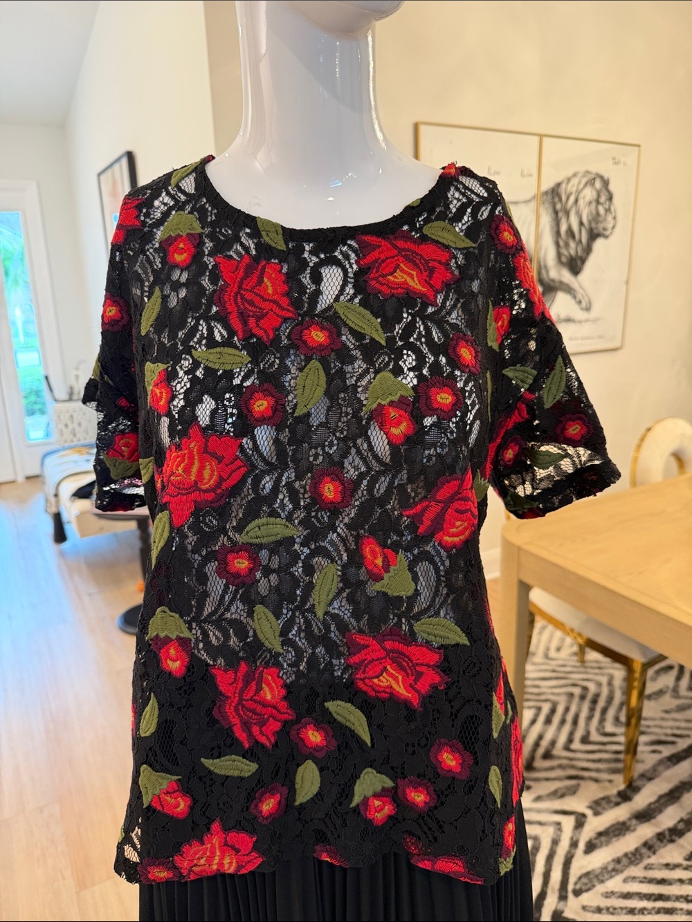 Who What Wear Black Lace Top with Red Rose Embroidery